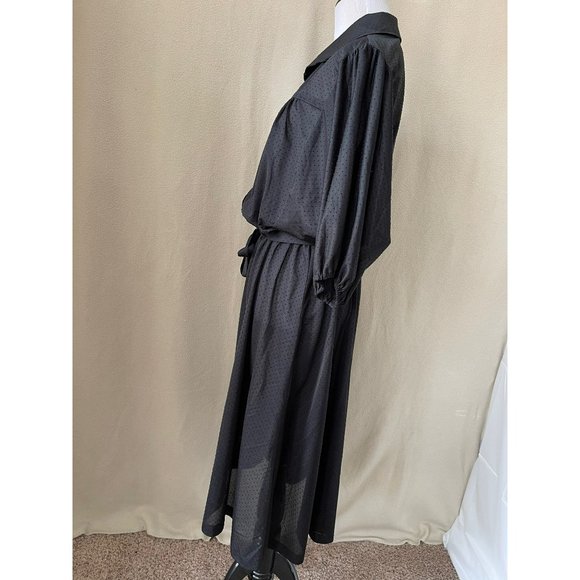 Vintage Black Sheer Embossed Polka Dot Pleated Half Button Down Tie Waist Dress - Picture 9 of 12
